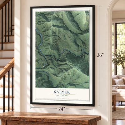 Salyer, California map, 24 x 36 inch print in a black frame by a staircase