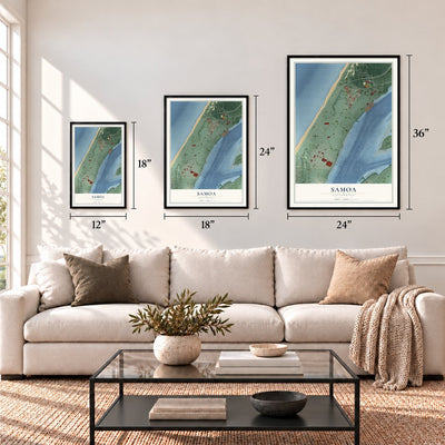 Samoa, California map in 12 x 18, 18 x 24 and 24 x 36 inch sizes above a sofa