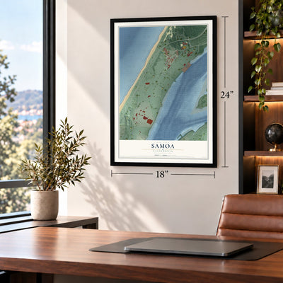 Samoa, California map, 18 x 24 inch print in a black frame in a home office