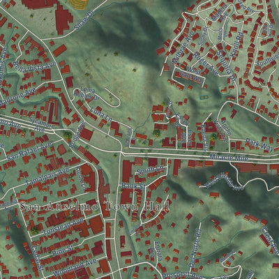 Second close-up of the map of San Anselmo, California print showing more streets and buildings