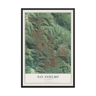 Map of San Anselmo, California, 12 x 18 inch print in a black wood frame