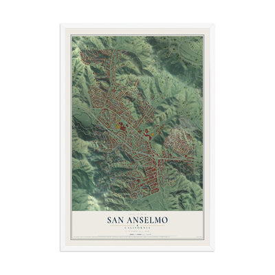 Map of San Anselmo, California, 12 x 18 inch print in a white wood frame