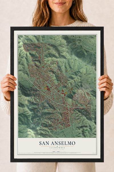 Map of San Anselmo, California, 18 x 24 inch print in a black wood frame