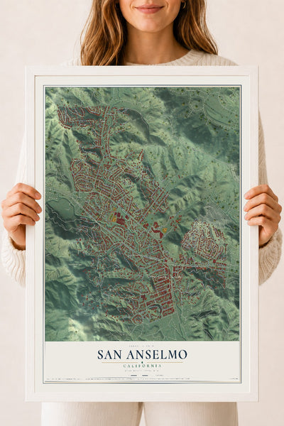 Map of San Anselmo, California, 18 x 24 inch print in a white wood frame