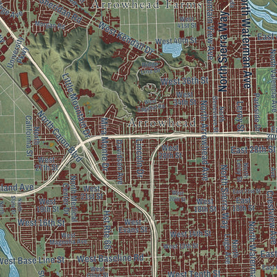 Close-up of the map of San Bernardino, California print showing street and building detail