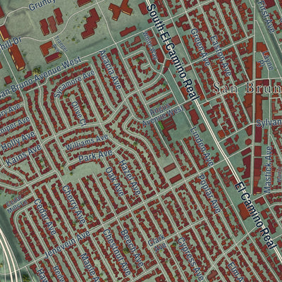 Close-up of the map of San Bruno, California print showing street and building detail