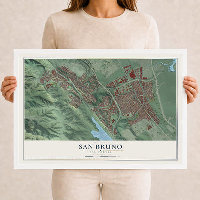 Map of San Bruno, California, 12 x 18 inch print in a white wood frame
