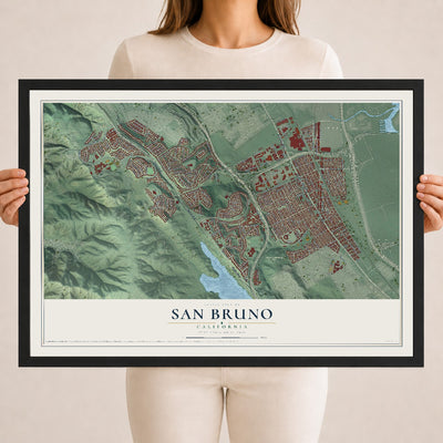 Map of San Bruno, California, 18 x 24 inch print in a black wood frame