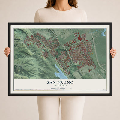 Map of San Bruno, California, 24 x 36 inch print in a black wood frame