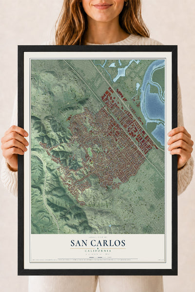 Map of San Carlos, California, 18 x 24 inch print in a black wood frame