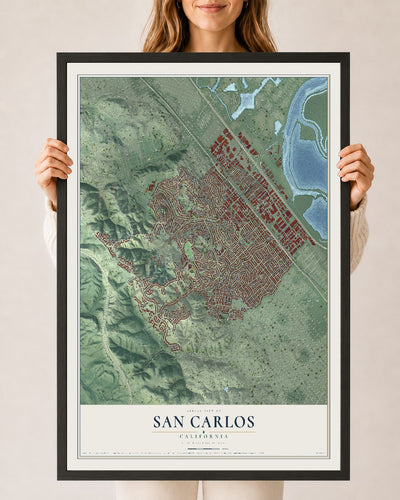 Map of San Carlos, California, 24 x 36 inch print in a black wood frame