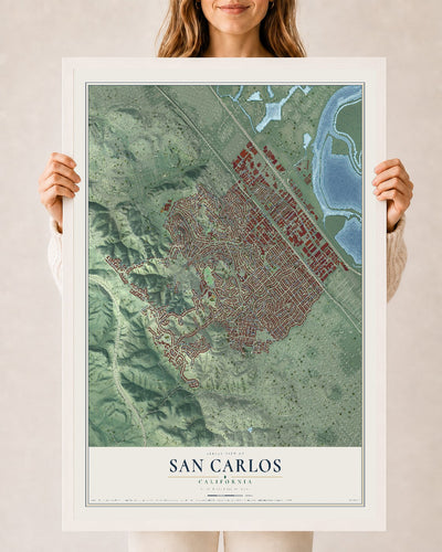 Map of San Carlos, California, 24 x 36 inch print in a white wood frame
