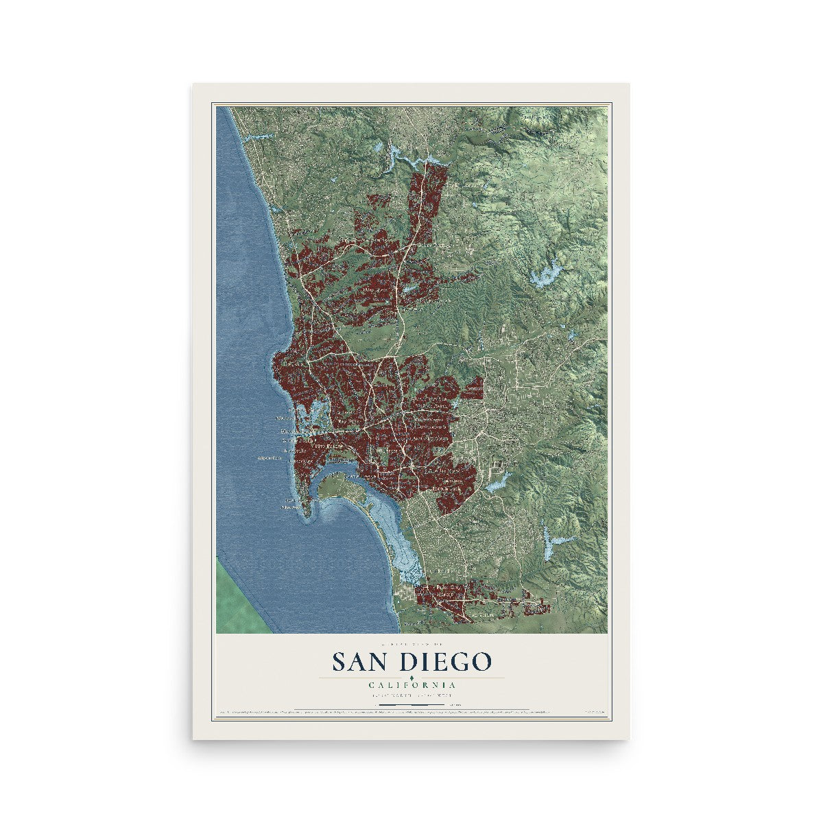Map of San Diego, California, 12 x 18 inch unframed archival matte print