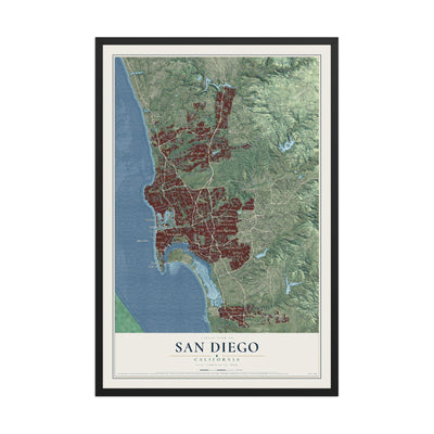Map of San Diego, California, 12 x 18 inch print in a black wood frame