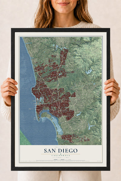 Map of San Diego, California, 18 x 24 inch print in a black wood frame