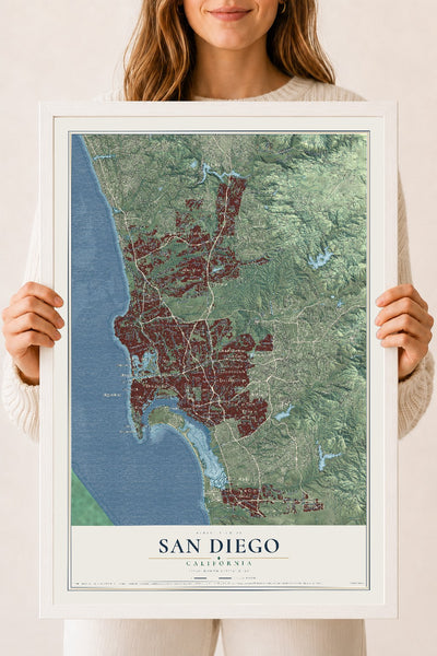 Map of San Diego, California, 18 x 24 inch print in a white wood frame