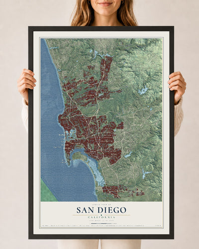 Map of San Diego, California, 24 x 36 inch print in a black wood frame