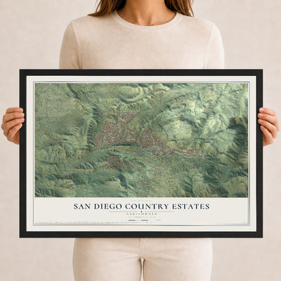 Map of San Diego Country Estates, California, 12 x 18 inch print in a black wood frame