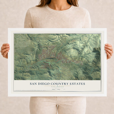 Map of San Diego Country Estates, California, 12 x 18 inch print in a white wood frame