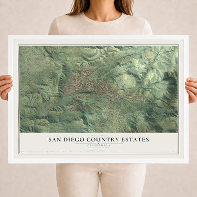 Map of San Diego Country Estates, California, 18 x 24 inch print in a white wood frame