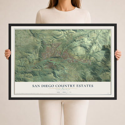 Map of San Diego Country Estates, California, 24 x 36 inch print in a black wood frame