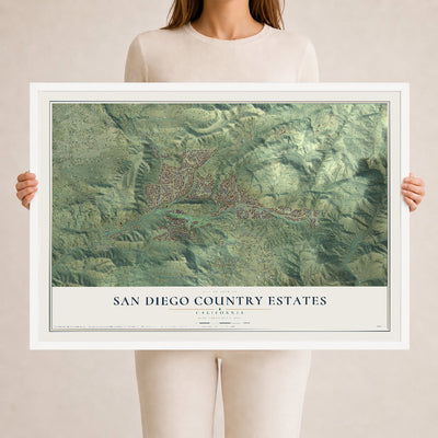 Map of San Diego Country Estates, California, 24 x 36 inch print in a white wood frame