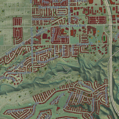 Second close-up of the map of San Dimas, California print showing more streets and buildings