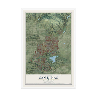 Map of San Dimas, California, 12 x 18 inch print in a white wood frame