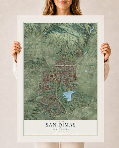 Map of San Dimas, California, 24 x 36 inch print in a white wood frame