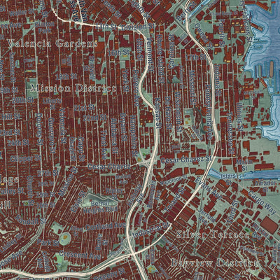 Second close-up of the map of San Francisco, California print showing more streets and buildings