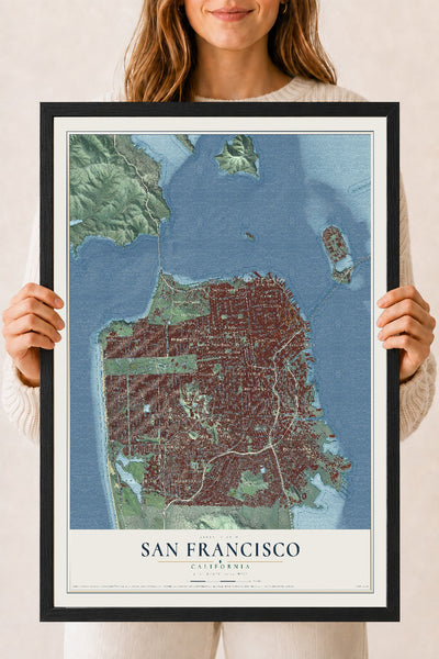 Map of San Francisco, California, 18 x 24 inch print in a black wood frame