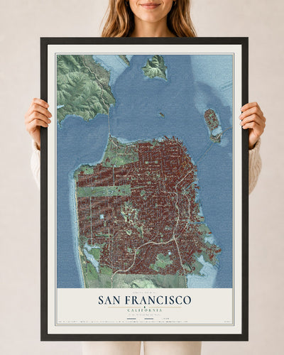 Map of San Francisco, California, 24 x 36 inch print in a black wood frame