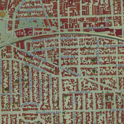 Close-up of the map of San Gabriel, California print showing street and building detail