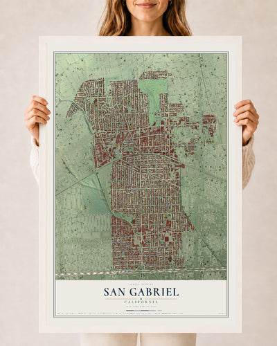 Map of San Gabriel, California, 24 x 36 inch print in a white wood frame