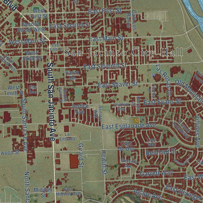 Close-up of the map of San Jacinto, California print showing street and building detail