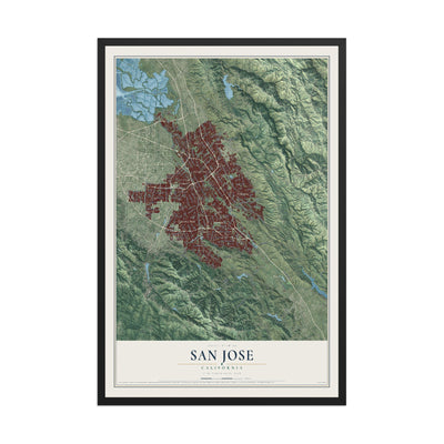 Map of San Jose, California, 12 x 18 inch print in a black wood frame