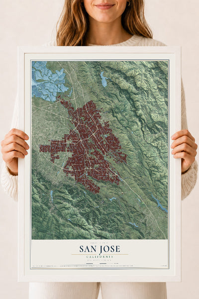 Map of San Jose, California, 18 x 24 inch print in a white wood frame
