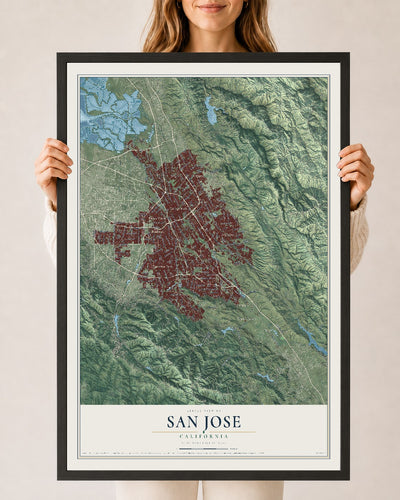 Map of San Jose, California, 24 x 36 inch print in a black wood frame