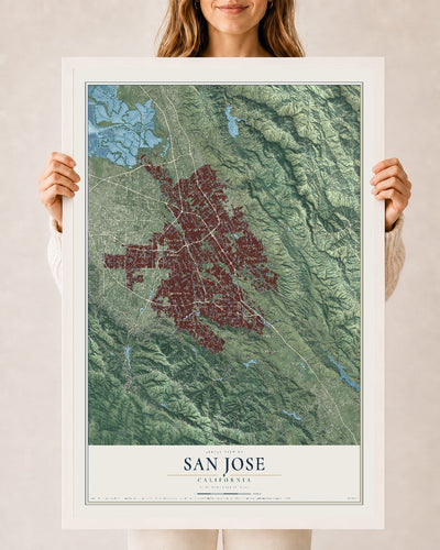 Map of San Jose, California, 24 x 36 inch print in a white wood frame