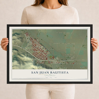 Map of San Juan Bautista, California, 12 x 18 inch print in a black wood frame