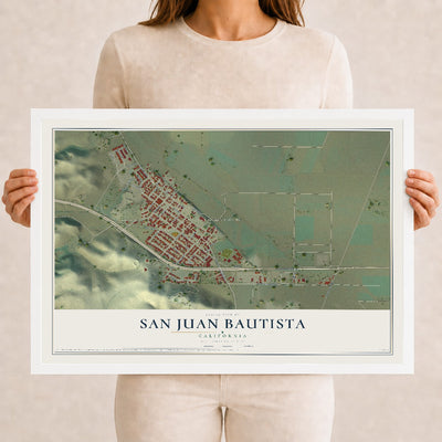 Map of San Juan Bautista, California, 12 x 18 inch print in a white wood frame