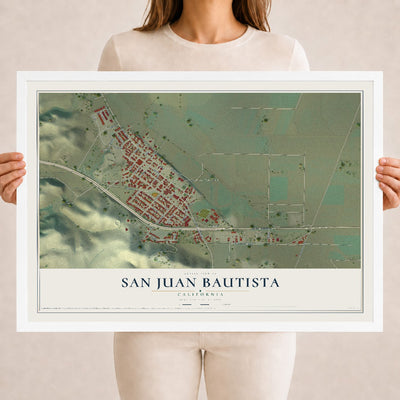Map of San Juan Bautista, California, 18 x 24 inch print in a white wood frame