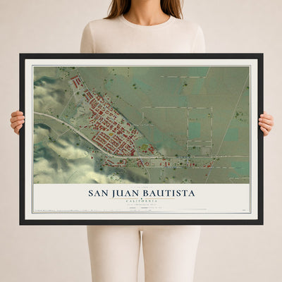 Map of San Juan Bautista, California, 24 x 36 inch print in a black wood frame