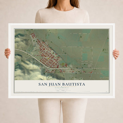 Map of San Juan Bautista, California, 24 x 36 inch print in a white wood frame