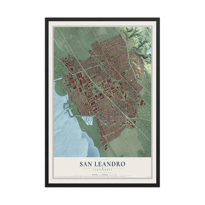 Map of San Leandro, California, 12 x 18 inch print in a black wood frame