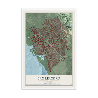 Map of San Leandro, California, 12 x 18 inch print in a white wood frame