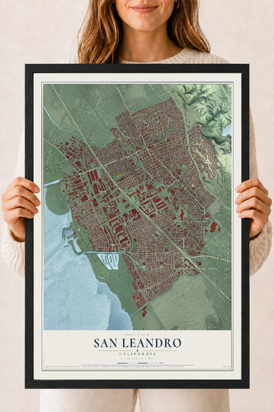 Map of San Leandro, California, 18 x 24 inch print in a black wood frame