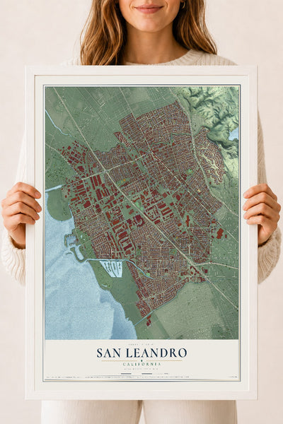 Map of San Leandro, California, 18 x 24 inch print in a white wood frame