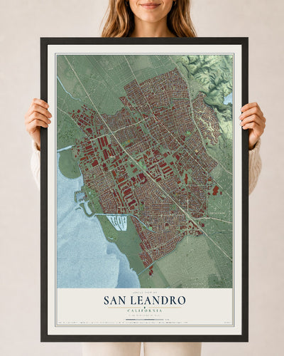 Map of San Leandro, California, 24 x 36 inch print in a black wood frame