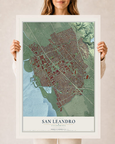 Map of San Leandro, California, 24 x 36 inch print in a white wood frame
